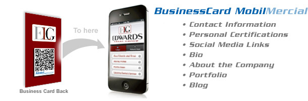 Buisiness Card MobilMercial - Traditional business card to mobile website.  &bull; Contact Information &bull; Personal Certifications &bull; Social Media Links &bull; Bio &bull; About the Company &bull; Portfolio &bull; Blog